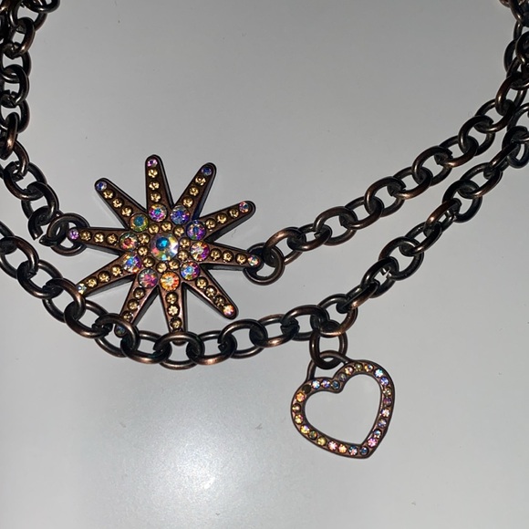 KEPT 😛 VINTAGE BRONZE TONE HEART STAR FAUX CRYSTAL CHUNKY CHAIN NECKLACE - Picture 3 of 8